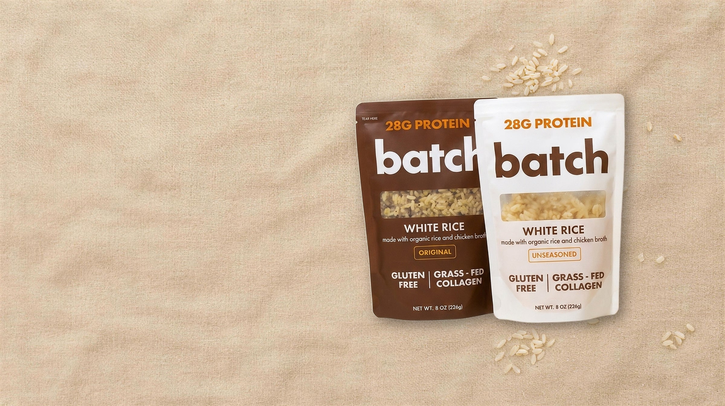 Batch Protein White Rice pouches on linen