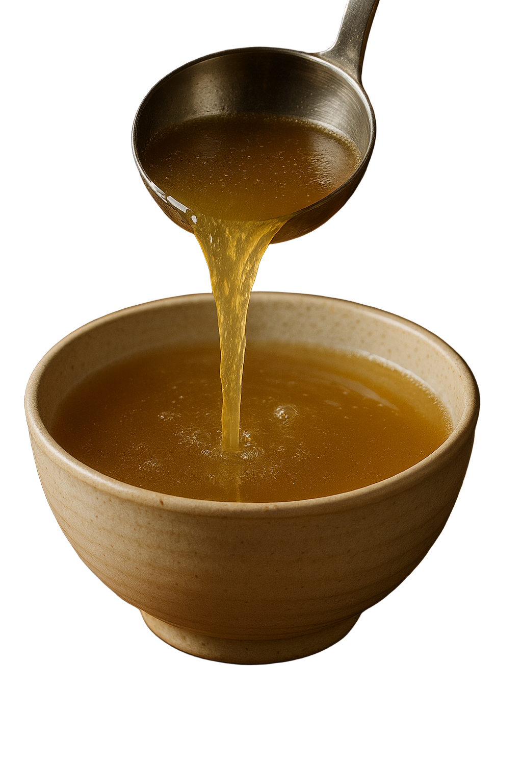ladle pouring chicken broth into a bowl